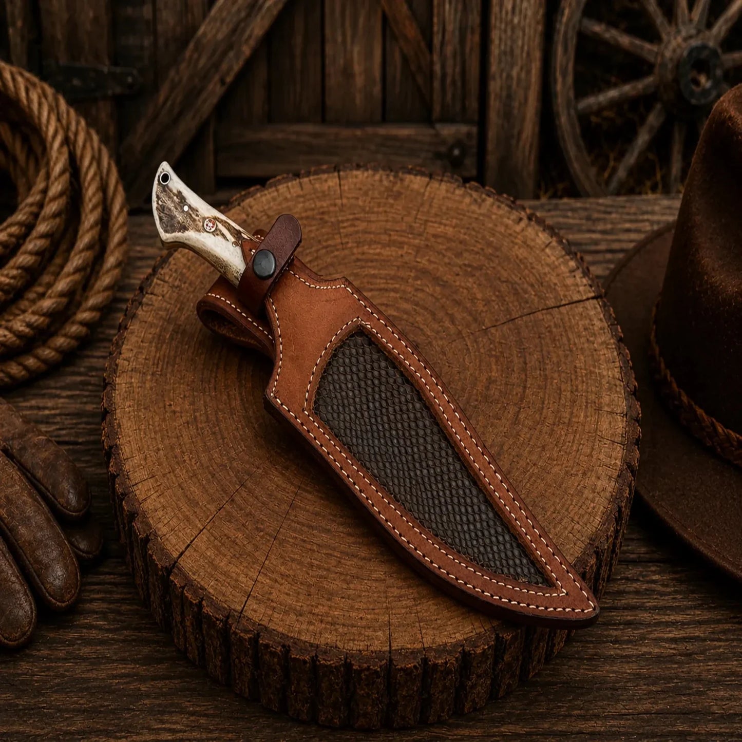 Deer Hunting Bowie Knife – Frostfang Damascus Steel Stag Handle