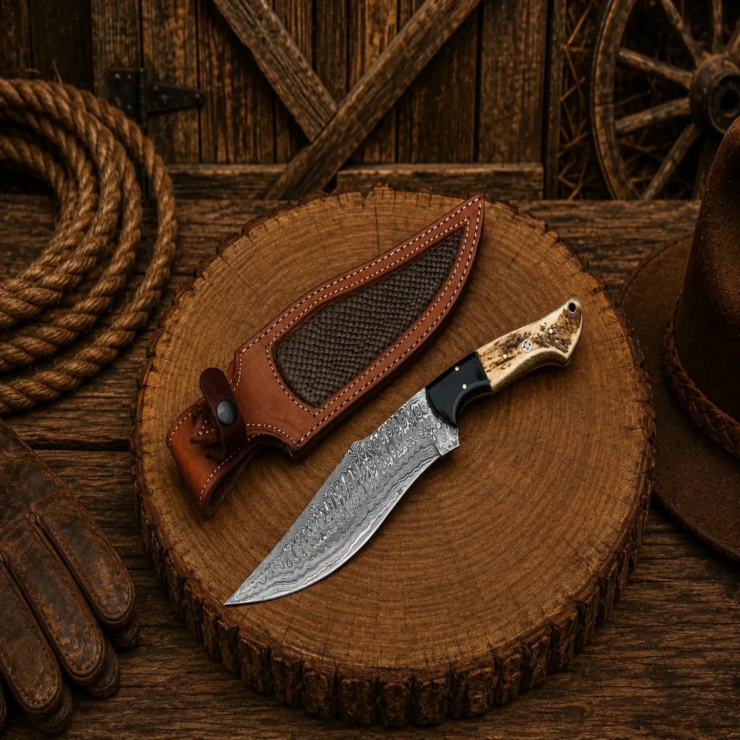 Deer Hunting Bowie Knife – Frostfang Damascus Steel Stag Handle