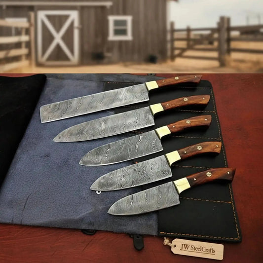 JW SteelCrafts 5 Piece Damascus Kitchen Knife Set Chef Santoku Utility and Paring Knives Pakka Wood Handle with Leather Knife Roll Professional Cooking Set