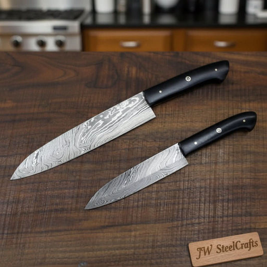 Handmade Japanese Damascus Knife Set, Chef Gyuto and Petty Utility Knives, Black Handle
