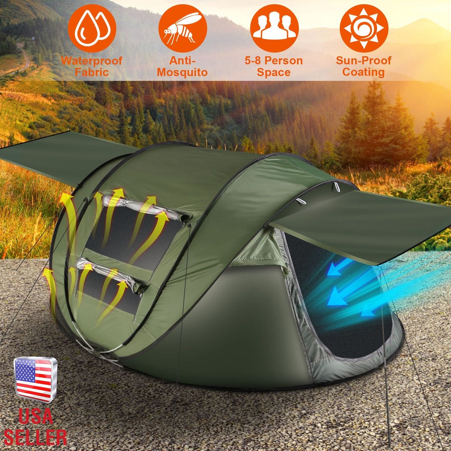 3-4 Person Pop Up Tent Automatic Setup Camping Tent Waterproof Instant Setup Tent with 2 Mosquito Net Windows Carrying Bag for Hiking Climbing Adventu