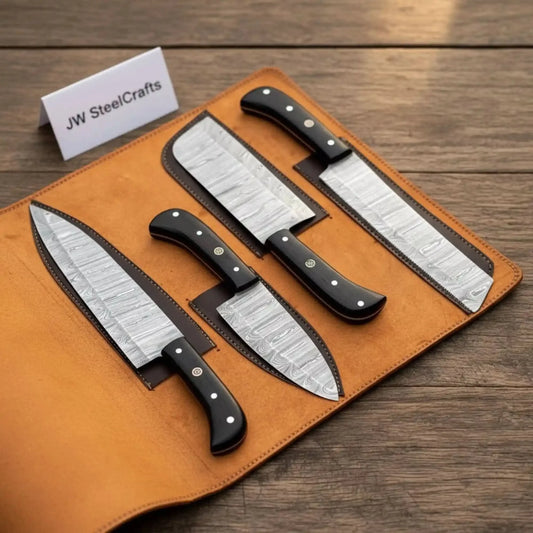 4-Piece Damascus Steel Kitchen Knife Set — Chef, Santoku, Cleaver & Utility with Wengi Wood Handles & Leather Roll