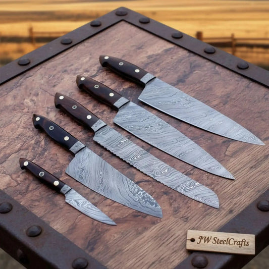 5-Piece Damascus Kitchen Knife Set — Gyuto & Petty Collection with Black Micarta Handles
