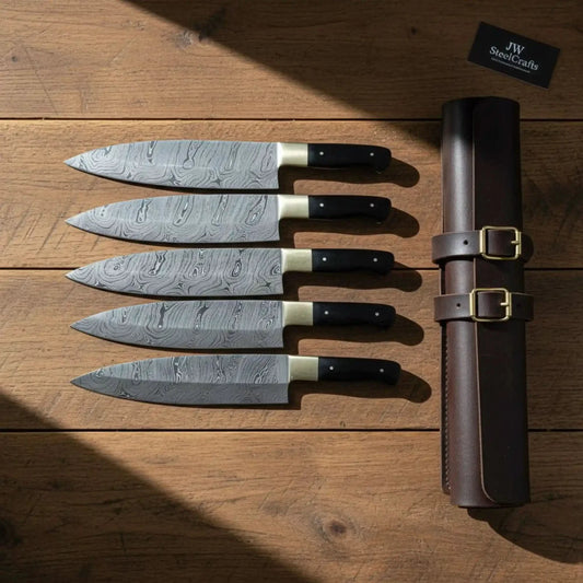 Hand-Forged Damascus Chef Knives Set with Exotic Pakkawood Handles