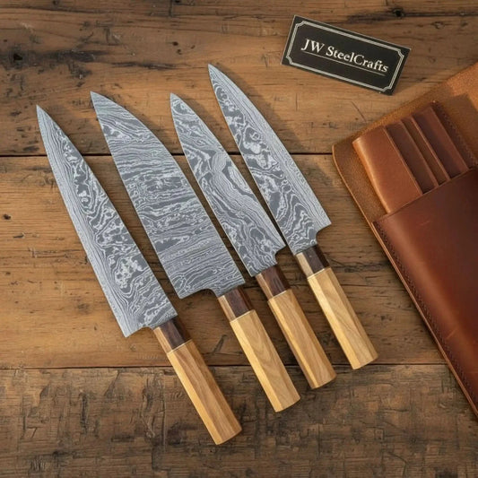 Handmade Damascus Outdoor Cooking Knife Set – 4-Piece Camp Chef Knife Set with Olive & Rosewood Handles