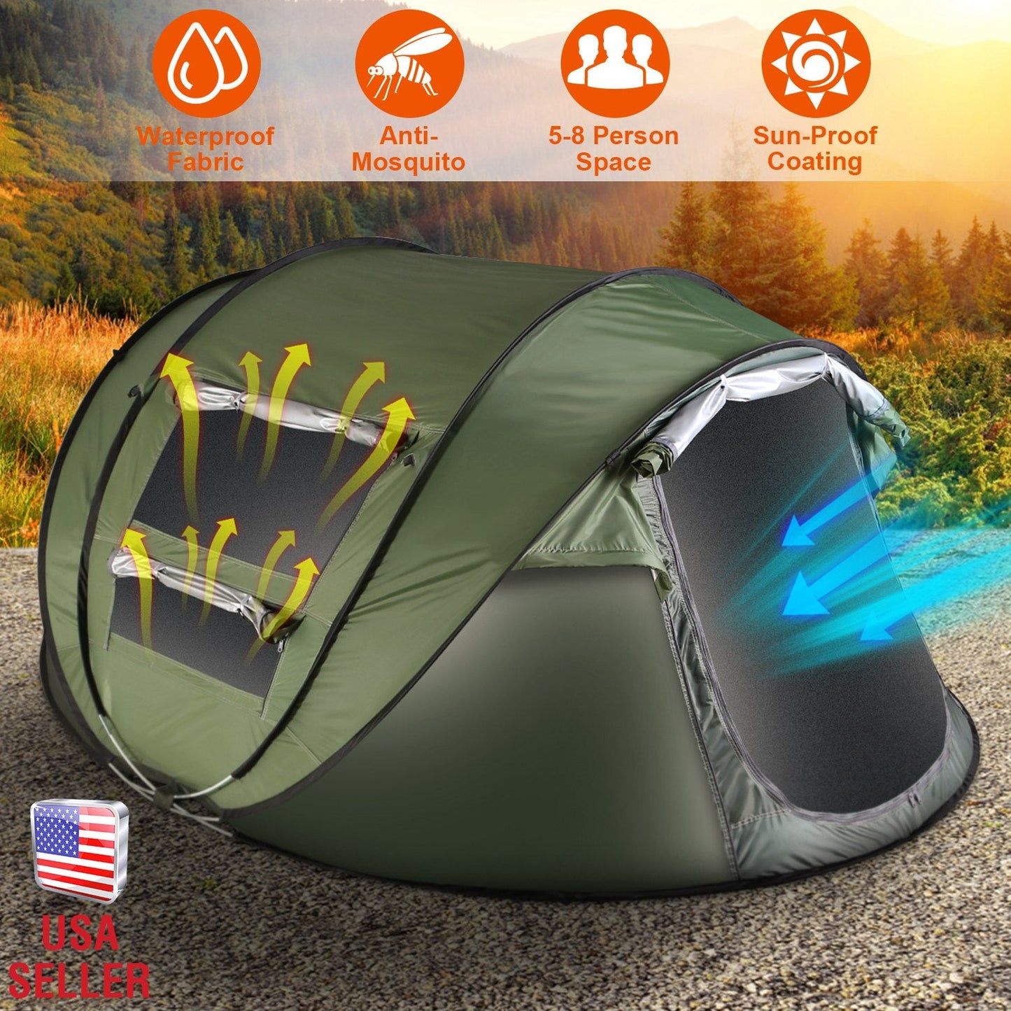 3-4 Person Pop Up Tent Automatic Setup Camping Tent Waterproof Instant Setup Tent with 2 Mosquito Net Windows Carrying Bag for Hiking Climbing Adventu