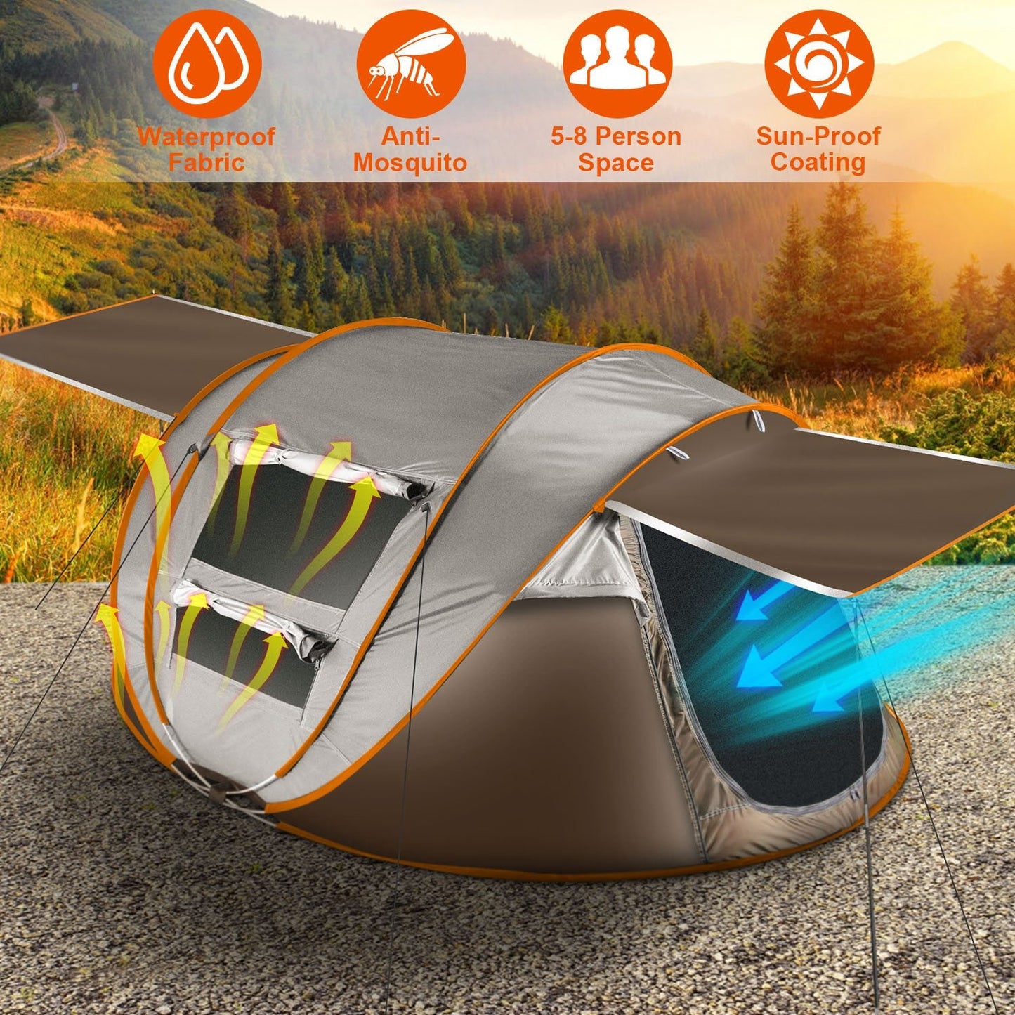 3-4 Person Pop Up Tent Automatic Setup Camping Tent Waterproof Instant Setup Tent with 2 Mosquito Net Windows Carrying Bag for Hiking Climbing Adventu