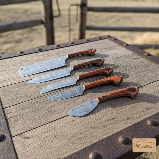 JW SteelCrafts 5 Piece Damascus Kitchen Knife Set Chef Santoku Cleaver Utility and Paring Knives Pakka Wood Handle Professional Cooking Knife Collection