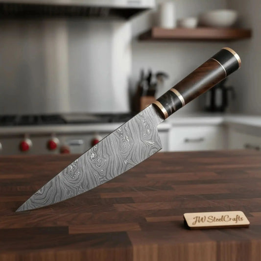 JW SteelCrafts Kiritsuke Butcher Slicer, Hand-forged Damascus, Brass-Capped Hardwood Handle