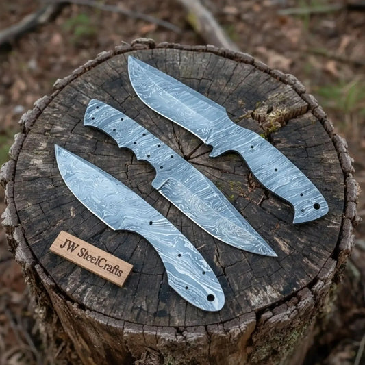 Damascus Knife Blanks Set 4.5 Inch Blades Fixed Blade DIY Trio