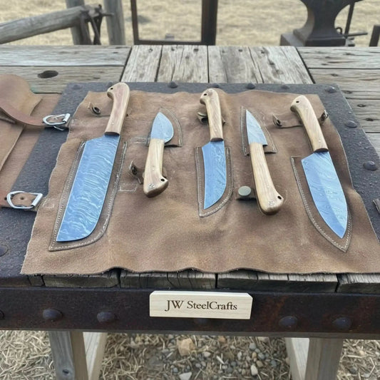 Hand Forged 5-Piece Damascus Knife Set — Cleaver, Chef, Skinner, Utility & Paring Knife with Olive Wood Handles & Leather Roll