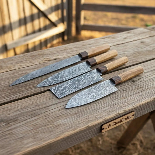 Fire-Pattern Damascus Kiritsuke, Bunka, Santoku & Petty Knife Set (Olive & Rosewood Handles)