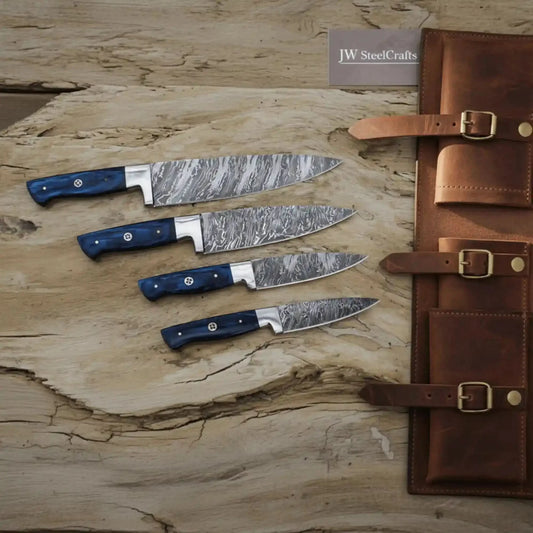 Fire Pattern Damascus French-Style Knife Set with Blue Pakkawood Handles, Mosaic Pins, Steel Bolster, Full Tang Kitchen Cutlery Set
