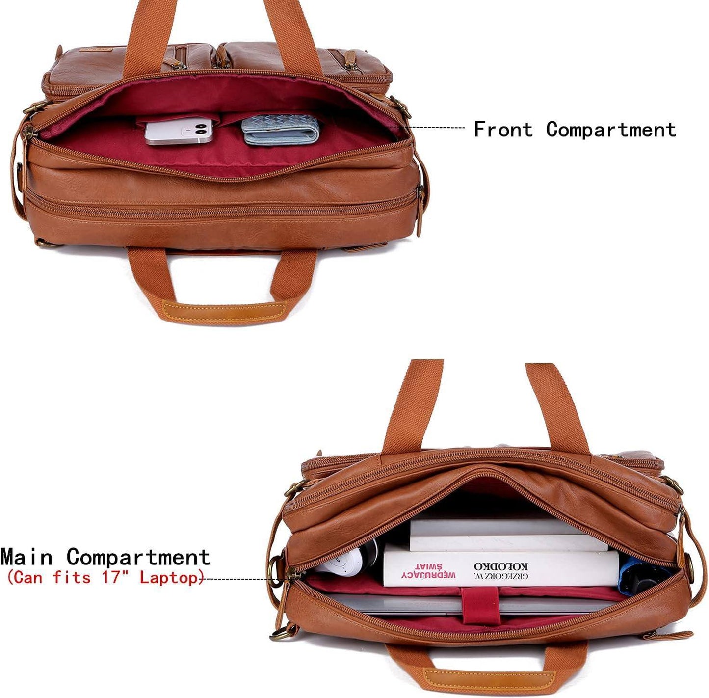 3-in-1 Vegan Leather Briefcase Backpack Hybrid – Convertible 17″ Laptop Bag (Red Lining)