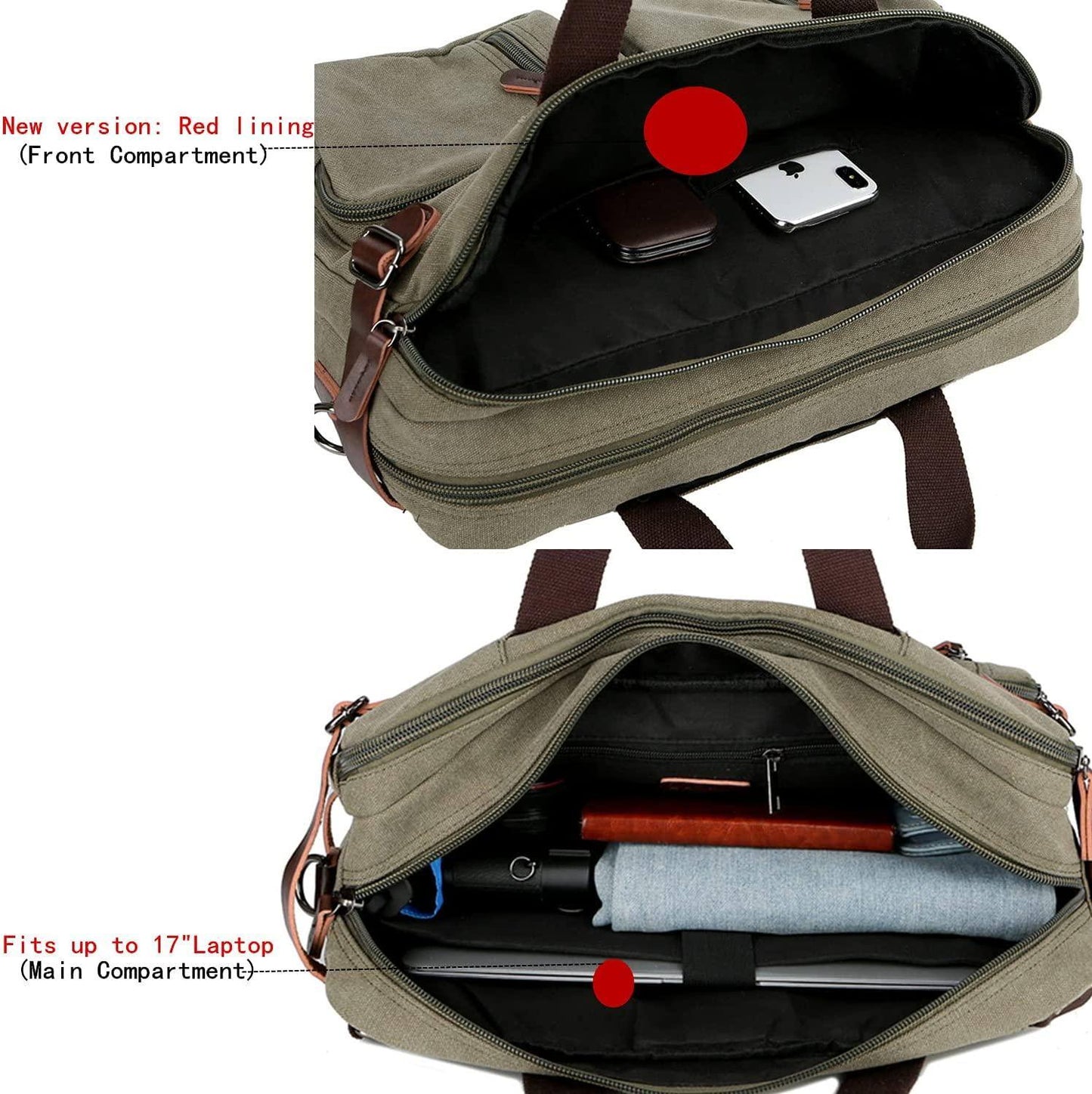 Convertible Briefcase Backpack – 3-in-1 Laptop Bag (17″) with Red Lining