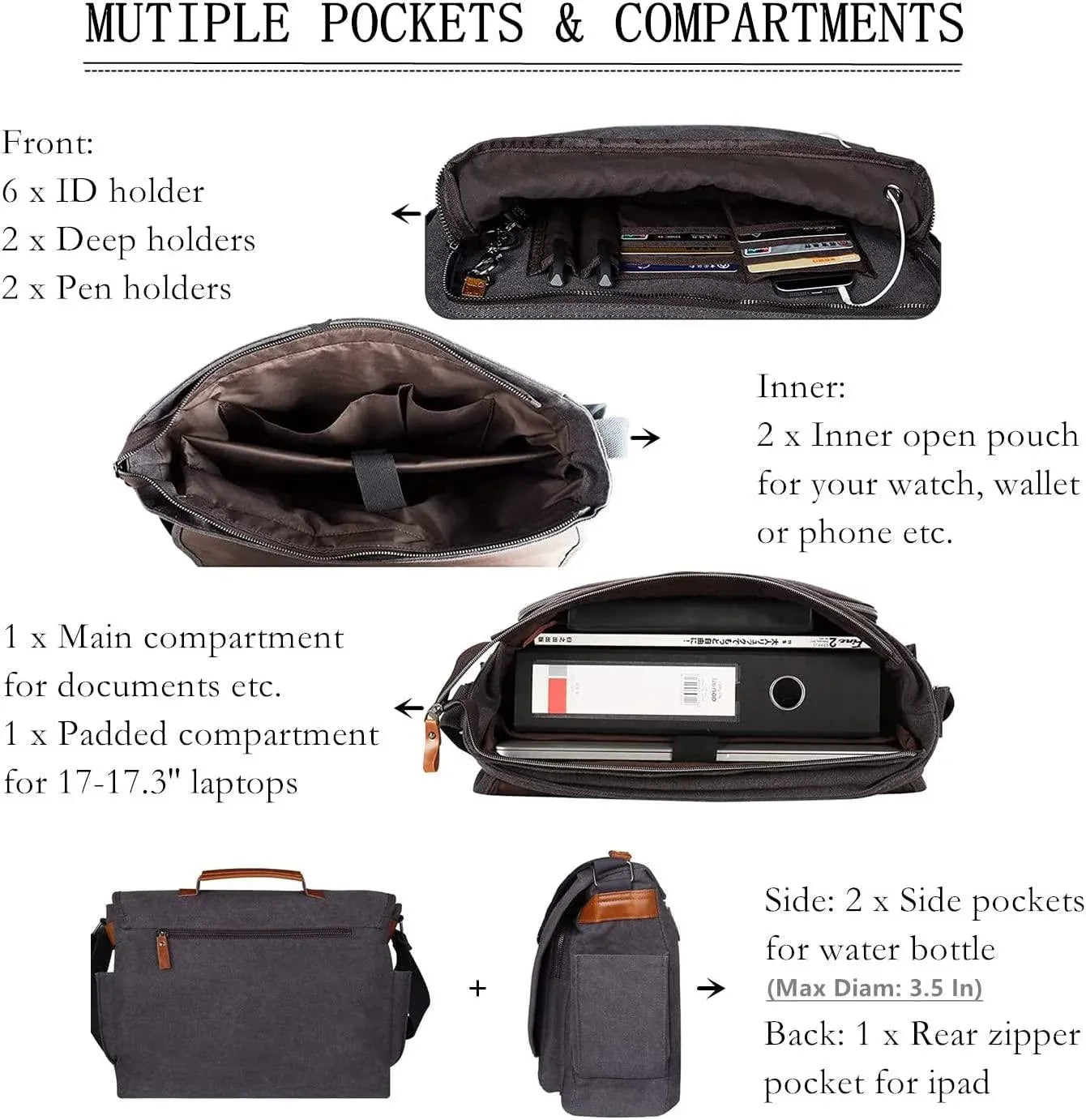 Water-Resistant Canvas Messenger Bag – 17.3″ Laptop Work & Travel Brief