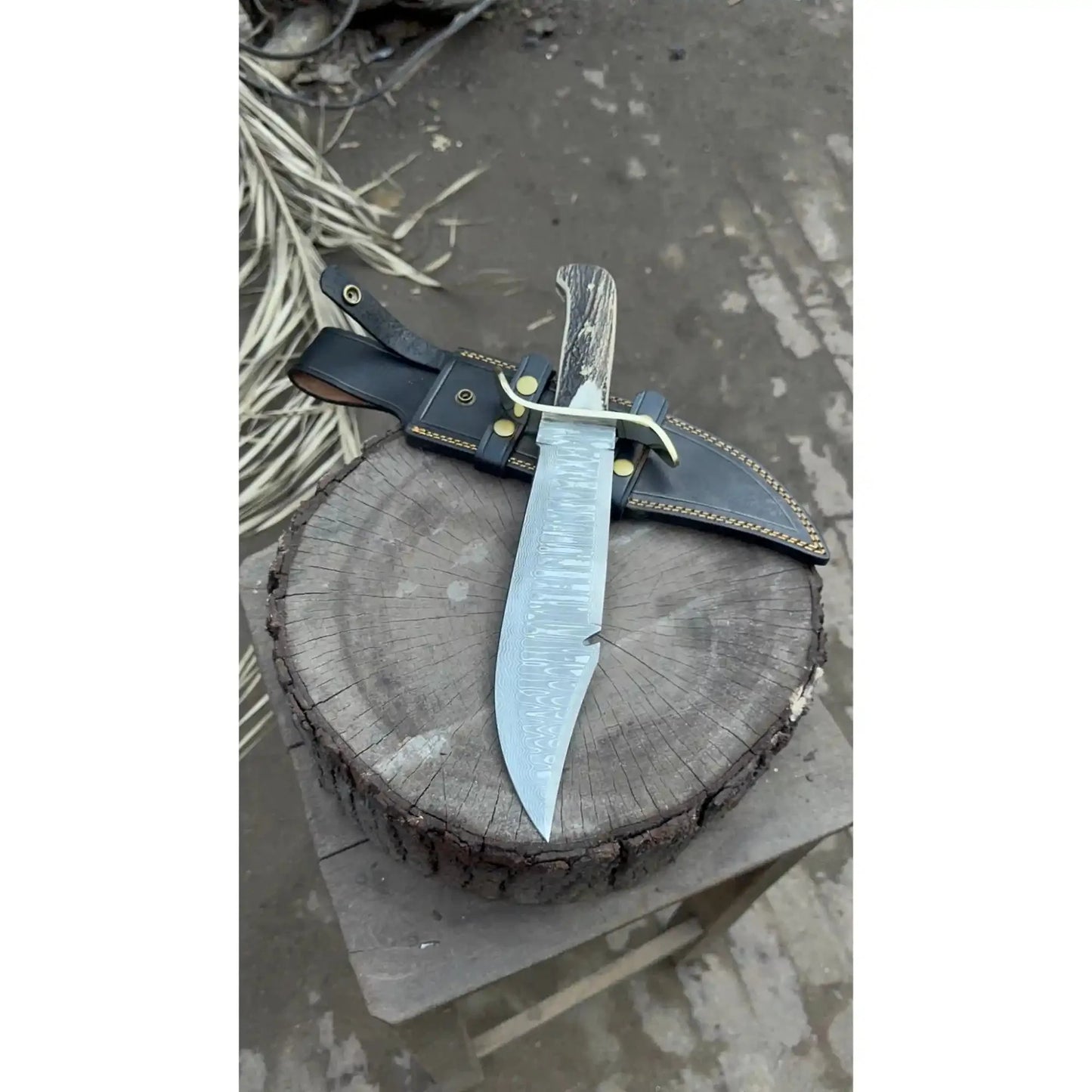 Frontier Bowie Style Hand Forged Damascus Steel Knife with Brass S-Guard, Clip Point Blade, Cut Hook, Stag Handle, Full Tang with Leather Sheath – JW SteelCrafts