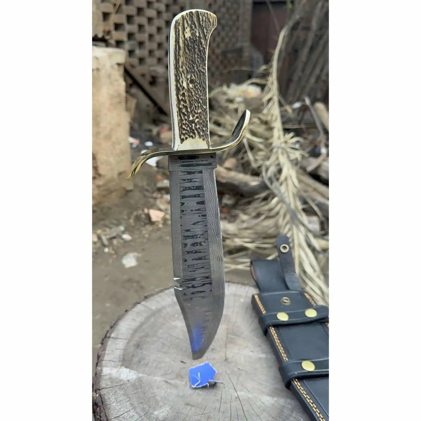 Frontier Bowie Style Hand Forged Damascus Steel Knife with Brass S-Guard, Clip Point Blade, Cut Hook, Stag Handle, Full Tang with Leather Sheath – JW SteelCrafts