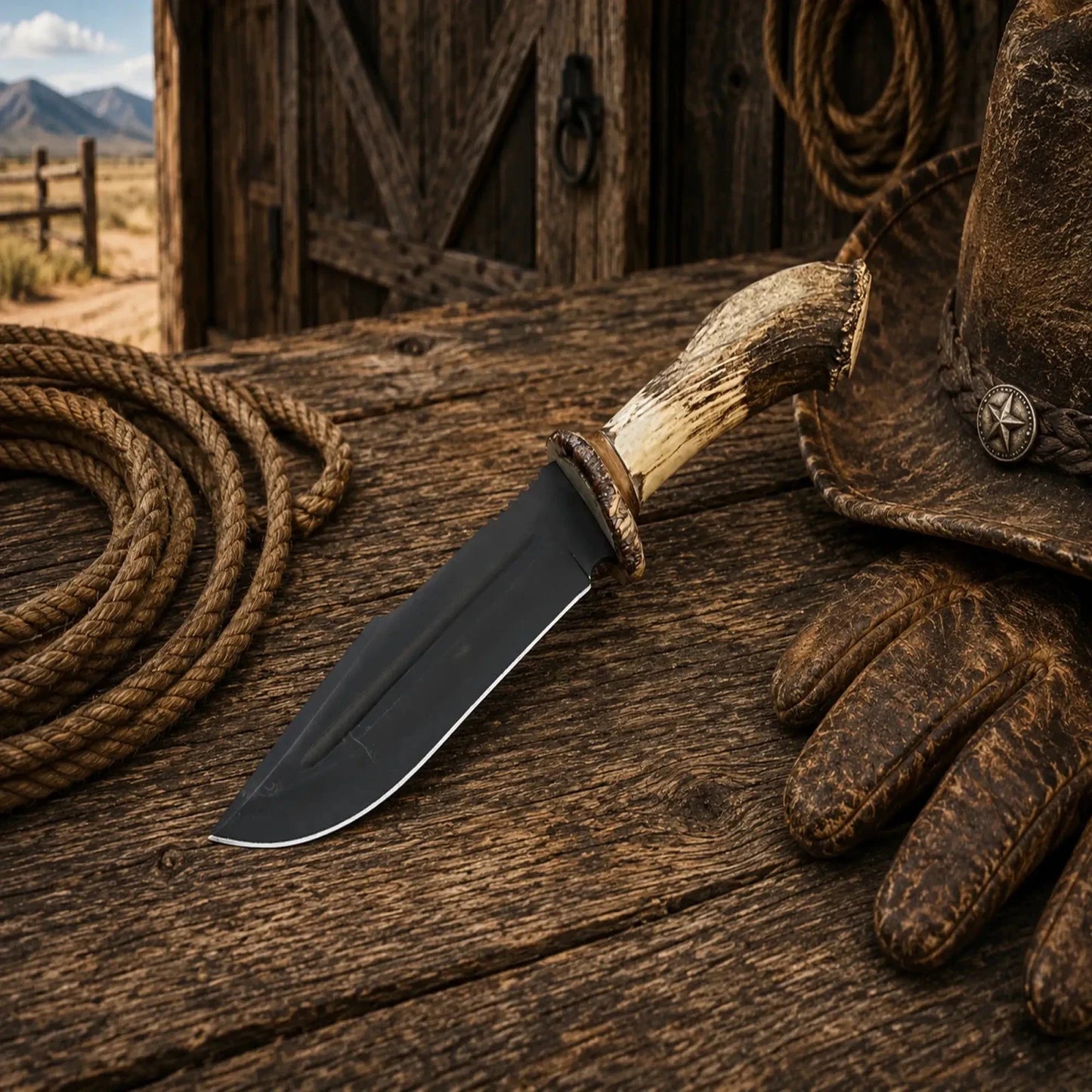 Frontier Hunter Bowie Knife – D2 Acid Etched Antler Handle