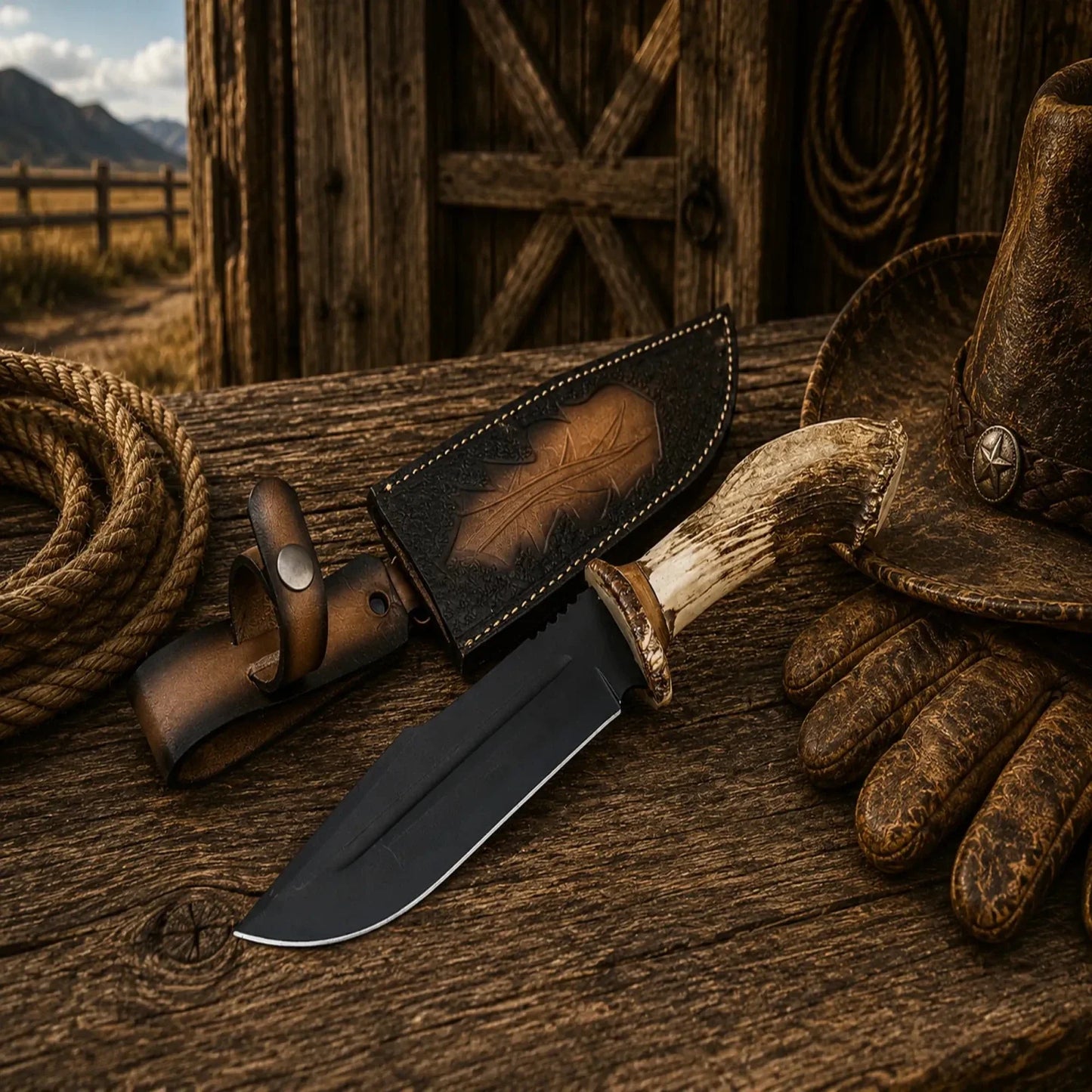 Frontier Hunter Bowie Knife – D2 Acid Etched Antler Handle