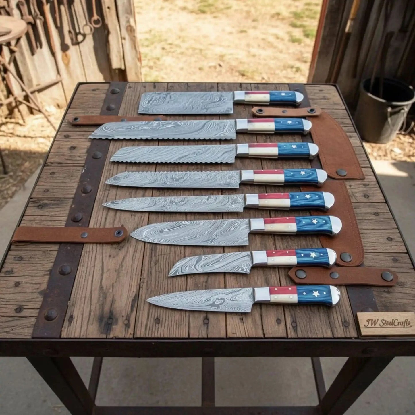8-Piece Texas Flag Damascus Knife Set with Cleaver, Bread Knife & More, 8 to 13 Inch Blades | JW Steel Crafts