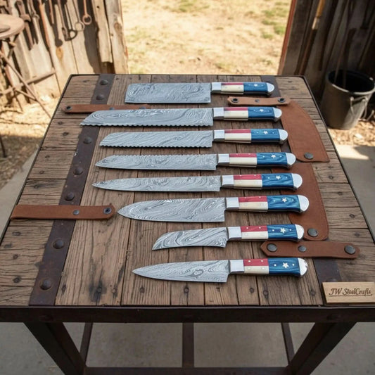 8-Piece Texas Flag Damascus Knife Set with Cleaver, Bread Knife & More, 8 to 13 Inch Blades | JW Steel Crafts