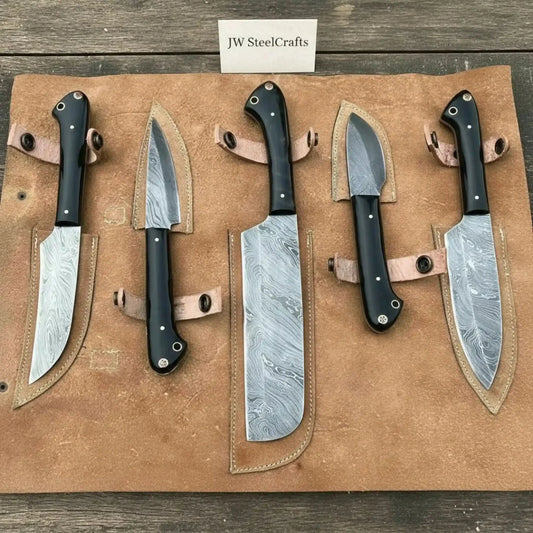 Handmade Damascus Chef & Utility Knife Set - Black Pakka Handles, Full Tang Blades