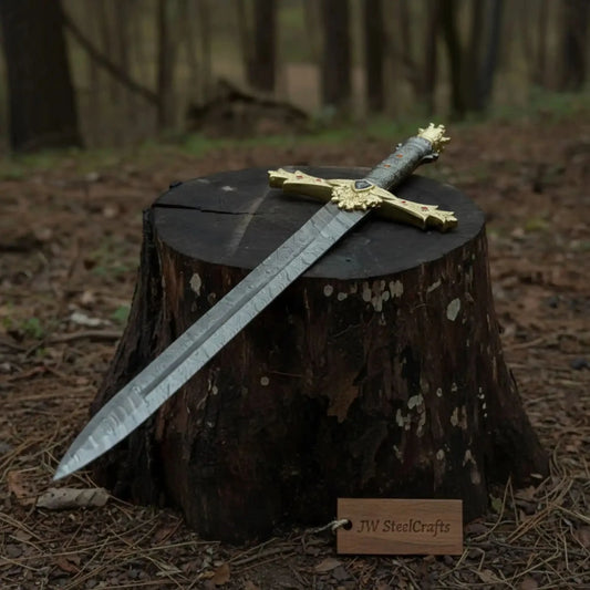 Handmade Golden Crusade Authentic Crusader Replica Sword in Damascus Steel with Crossguard