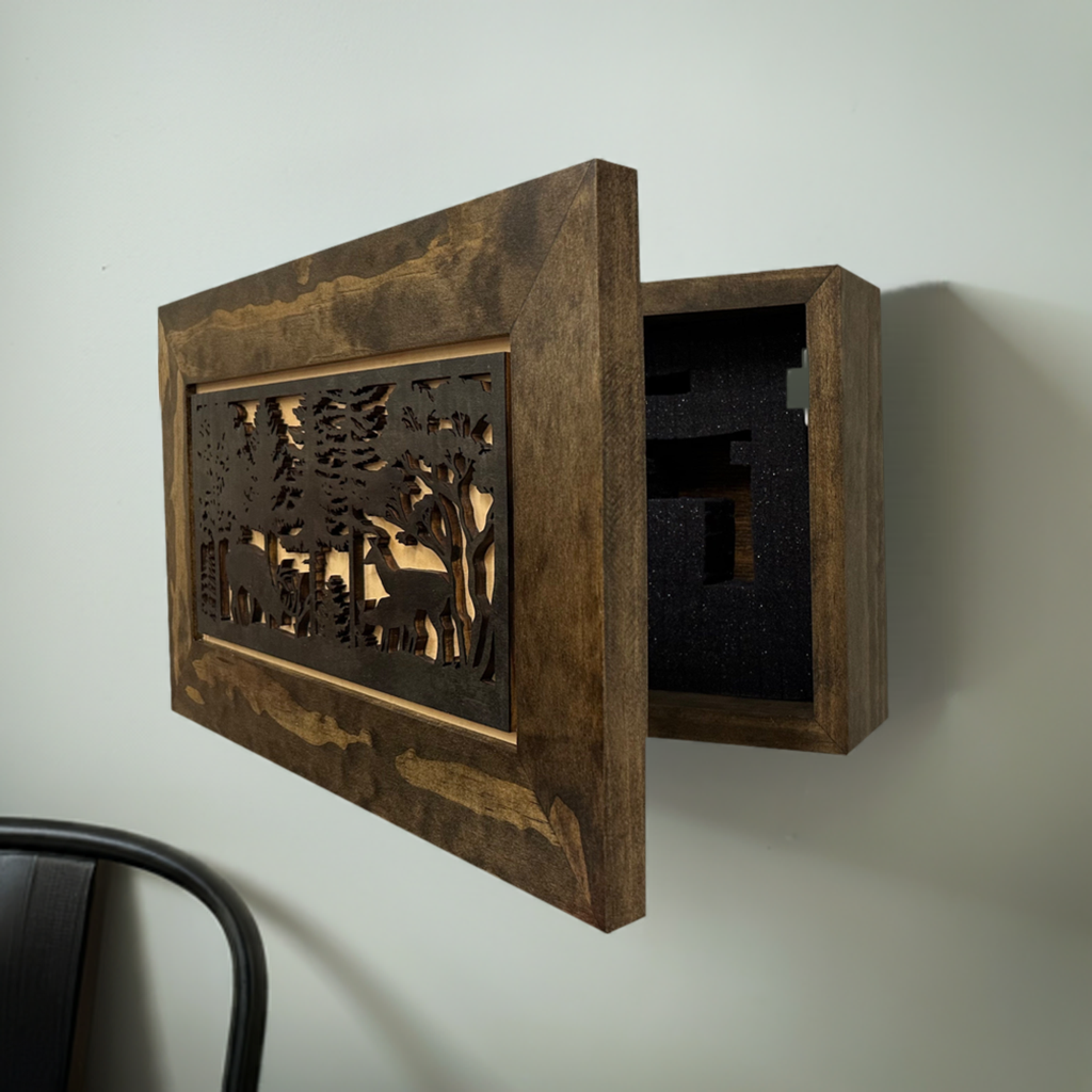 Hidden Gun Safe - Deer Scene Wall Gun Cabinet - Hidden Wall Storage - Wood Gun Cabinet - Handcrafted Gun Concealment Furniture - Hidden Gun Storage by Bellewood Designs