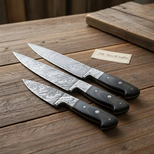 Three-Piece Damascus Gyuto Chef Knife Set — Black Pakkawood Handles, Full-Tang Construction