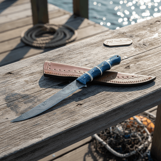 Handcrafted Damascus Steel Fish Fillet Knife with Blue Pakka Wood Handle and Leather Sheath