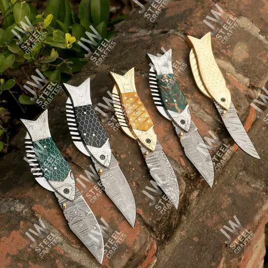 Hand Forged Damascus Steel Folding Knife – Honeycomb, Pinecone & Brass Handle Variations