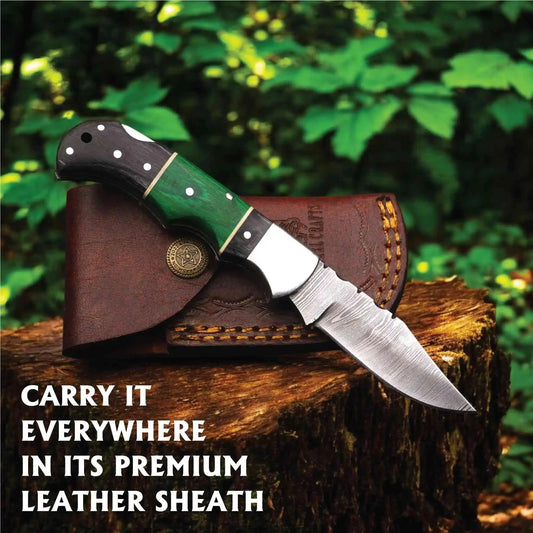 Hand Forged Damascus Steel Folding Knife – Pakka Wood Handle with Leather Sheath