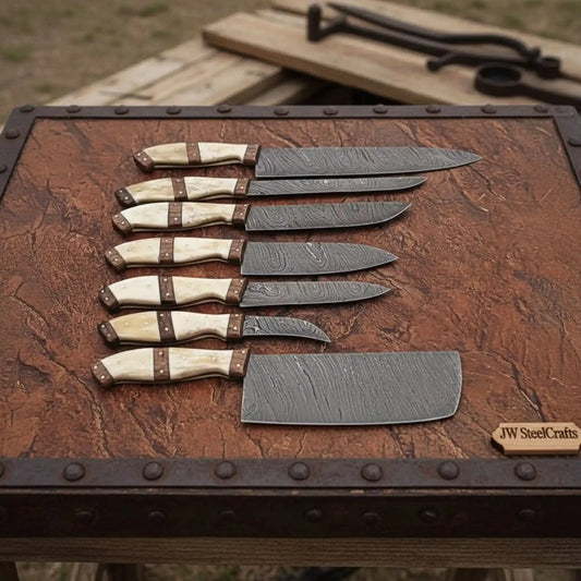 7-Piece Handmade Damascus Kitchen Knife Set with Bone Handle and Leather Roll