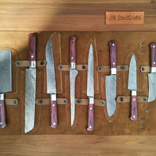 Handmade Damascus Chef Knife Set of 8 with Leather Roll, Full Tang Culinary Knife Collection with Red Wood Handles – JW SteelCrafts