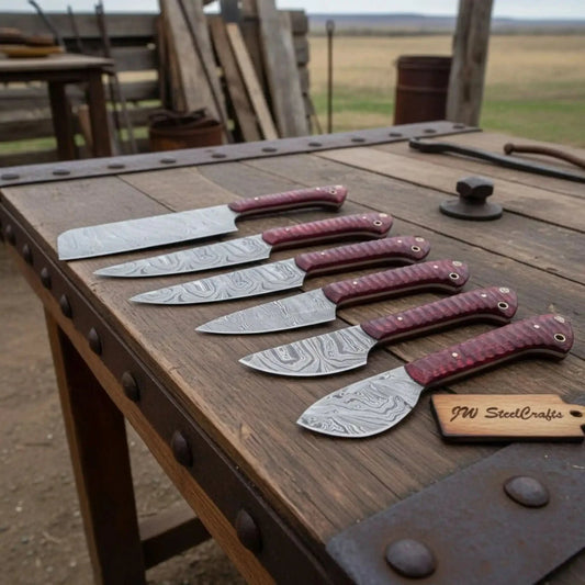 6-Piece Handmade Damascus Kitchen Knife Set with Red Wood Handles
