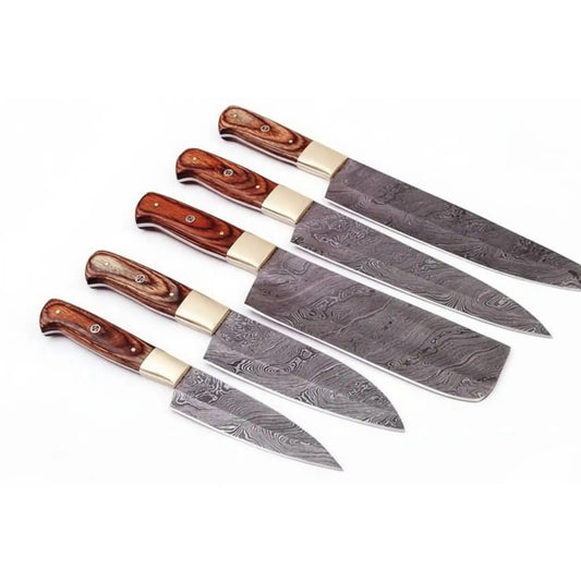 Handmade Damascus Kitchen Knife Set with Pakka Wood Handles and Leather Roll, Full Tang Chef Santoku Cleaver Utility and Paring Knives, Professional Culinary Collection