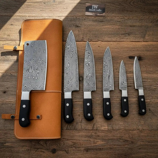 Custom Forged Damascus Culinary Knife Set — Matched Full-Tang Blades with Leather Storage Roll