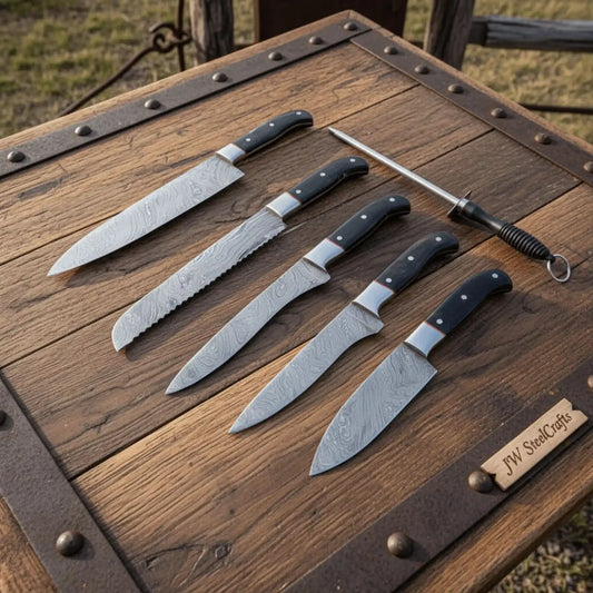 5-Piece Damascus Kitchen Knife Set — 9" Uniform Blades, Black Handles with Steel Bolsters, Leather Roll & Honing Rod