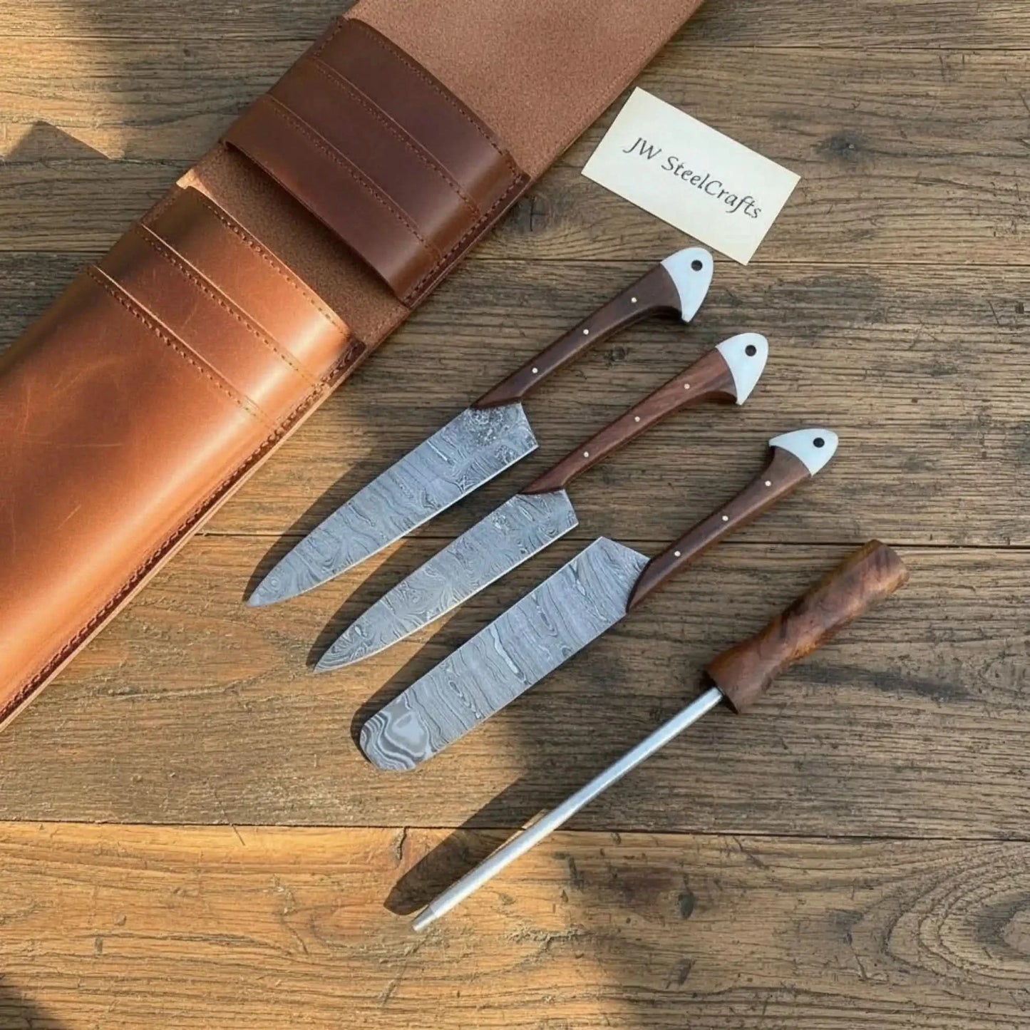 5-Piece Damascus Cutlery Set with 9 inch Blades, Rosewood Handles, Leather Roll