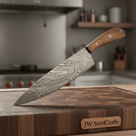 Chef Knife, Twist Pattern Damascus Steel Blade, Walnut Wood Handle with Mosaic Pin, Full Tang Professional Kitchen Knife, JW SteelCrafts