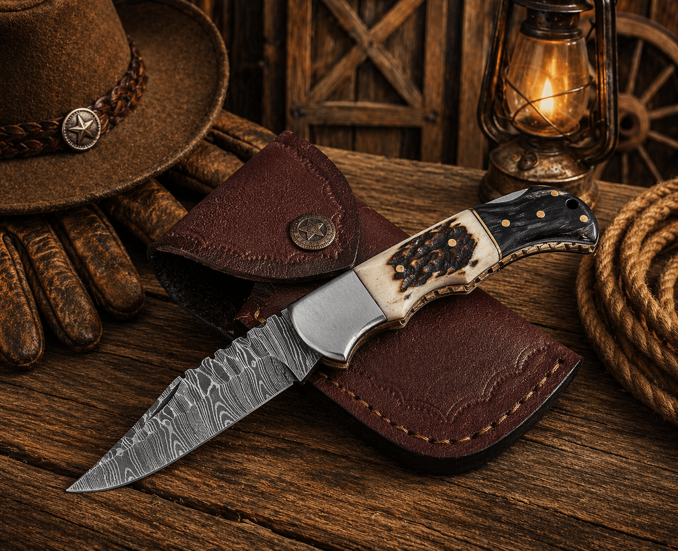 Handcrafted Damascus Pocket Knife – Engraved Folding Knife with Stag Horn & Pakka Wood Handle | Custom EDC Hunting Knife Gift for Men