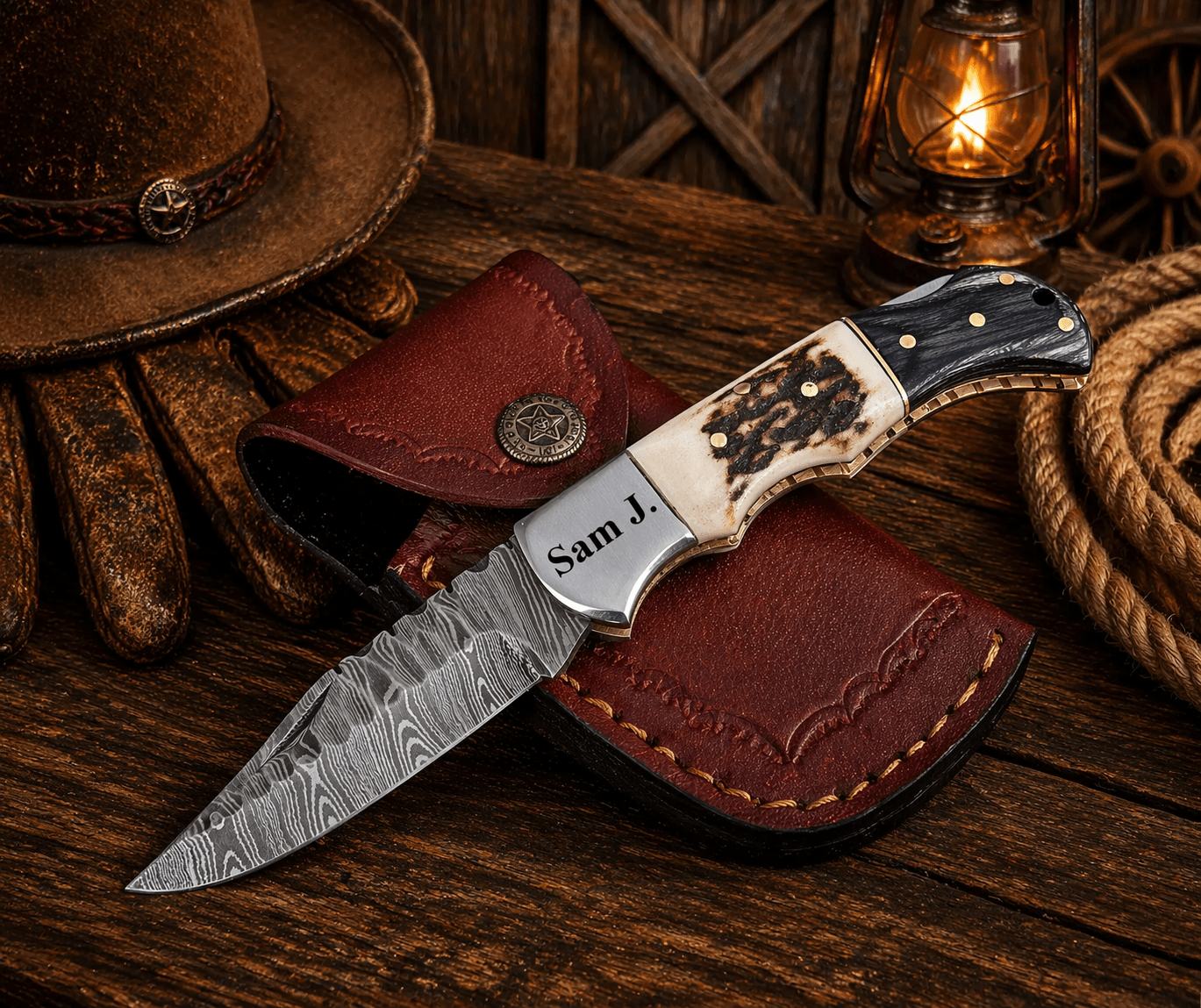 Handcrafted Damascus Pocket Knife – Engraved Folding Knife with Stag Horn & Pakka Wood Handle | Custom EDC Hunting Knife Gift for Men