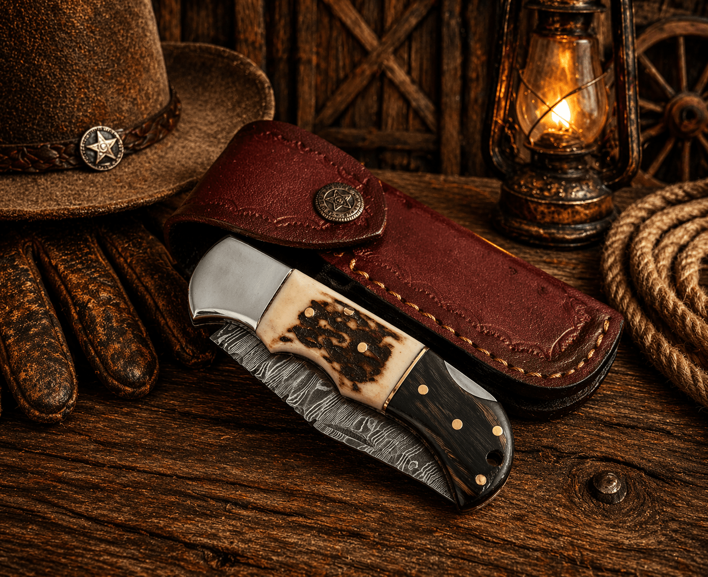 Handcrafted Damascus Pocket Knife – Engraved Folding Knife with Stag Horn & Pakka Wood Handle | Custom EDC Hunting Knife Gift for Men