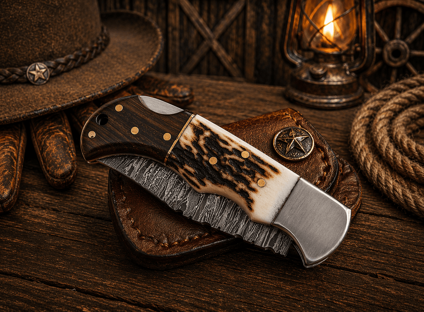 Handcrafted Damascus Pocket Knife – Engraved Folding Knife with Stag Horn & Wood Handle | Custom Gift for Men, EDC Hunting Knife