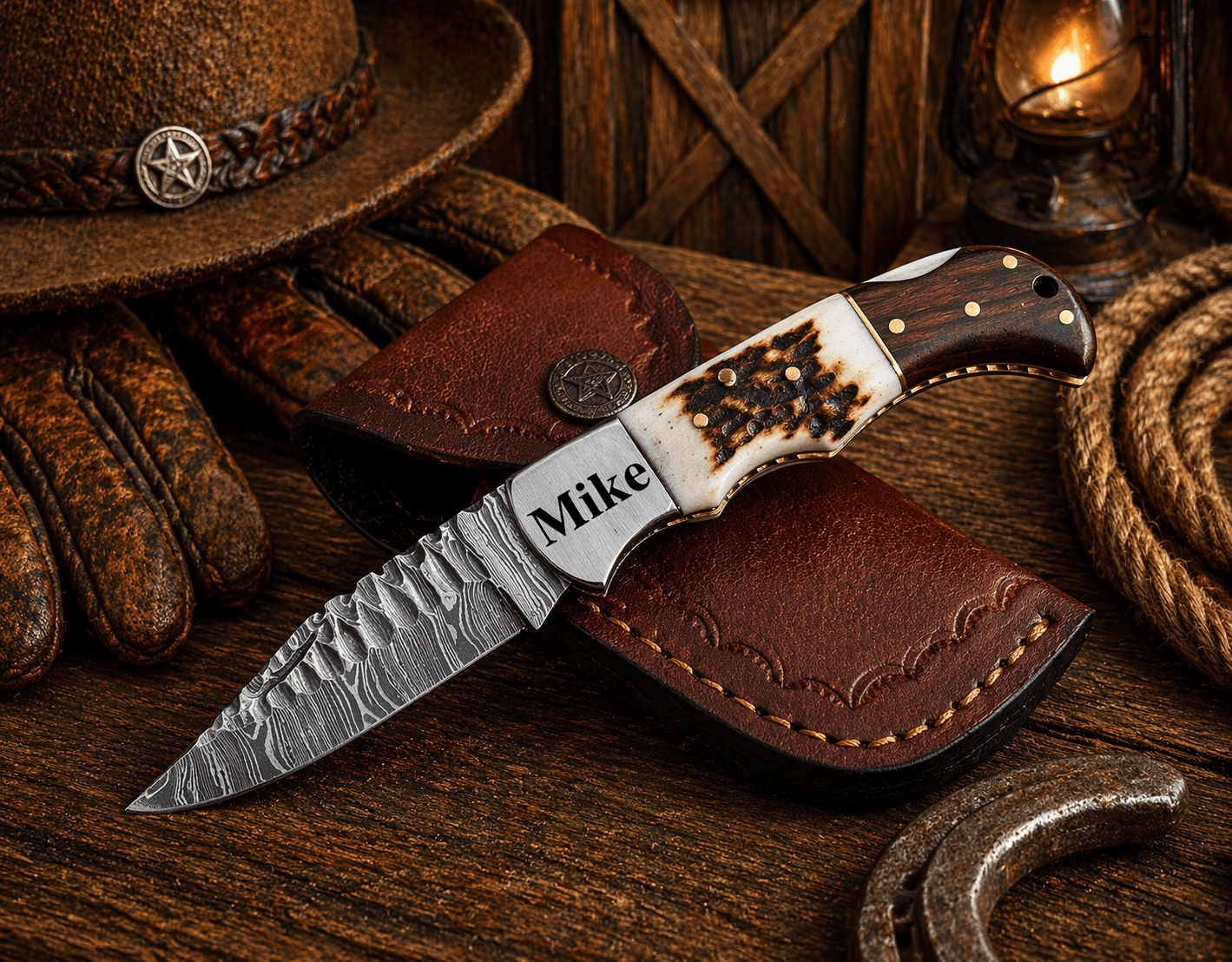 Handcrafted Damascus Pocket Knife – Engraved Folding Knife with Stag Horn & Wood Handle | Custom Gift for Men, EDC Hunting Knife