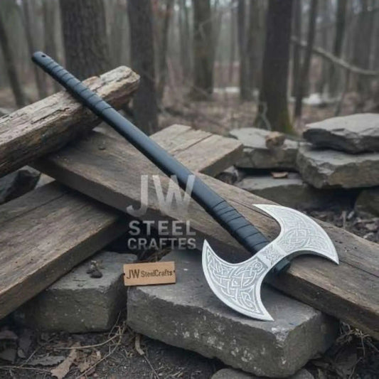 Hand Forged Double-Headed Viking Axe with Nordic Knotwork Engravings and Cord-Wrapped Handle