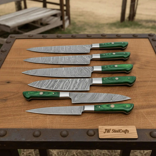 6-Piece Damascus Kitchen Knife Set with Green Wood Handle - Professional Cooking Collection