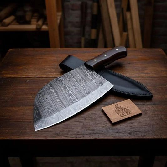 12-Inch Serbian Damascus Cleaver — Rosewood Handle & Leather Sheath