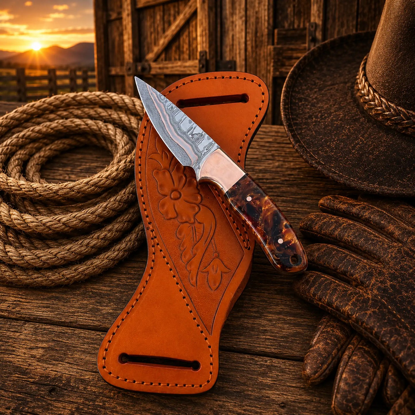 Copper Damascus Western Belt Knife – 3” Blade Epoxy Handle